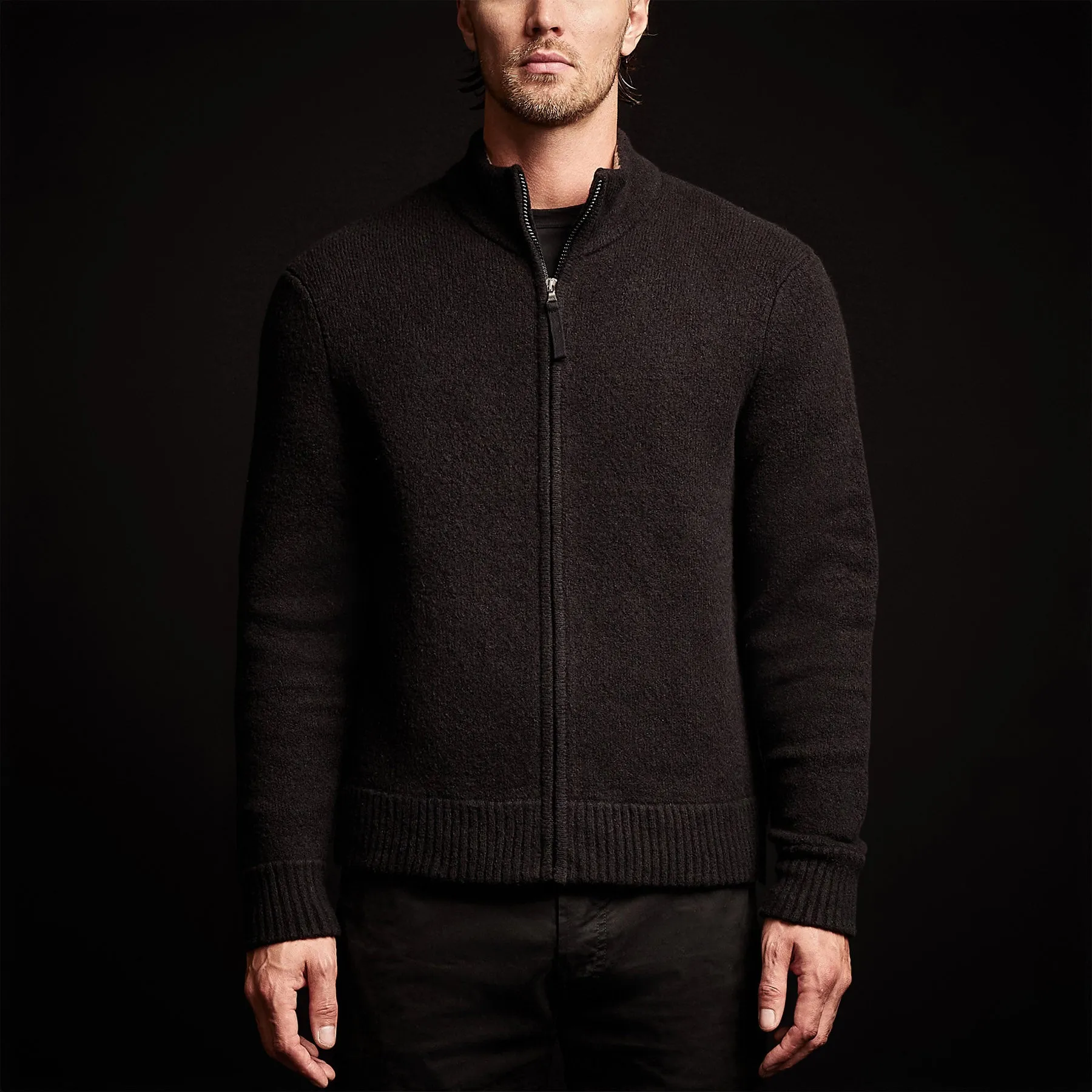 Cashmere Blend Zip Cardigan - Black