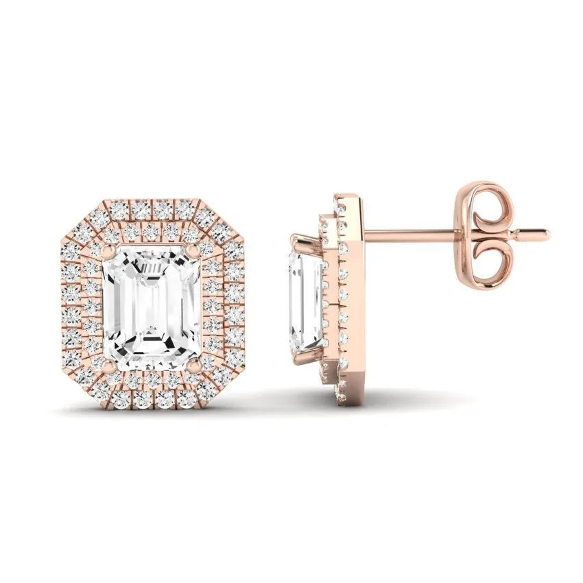 Cerise Emerald Cut Moissanite Halo Stud Earrings