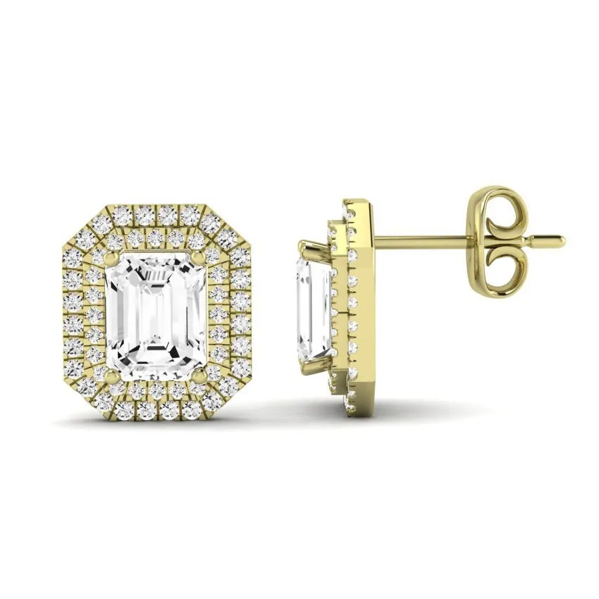 Cerise Emerald Cut Moissanite Halo Stud Earrings