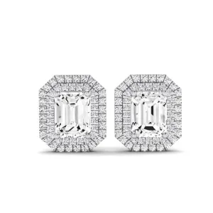 Cerise Emerald Cut Moissanite Halo Stud Earrings