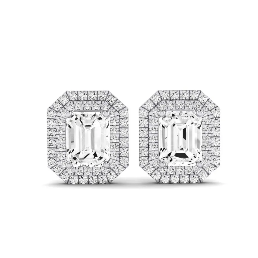 Cerise Emerald Cut Moissanite Halo Stud Earrings