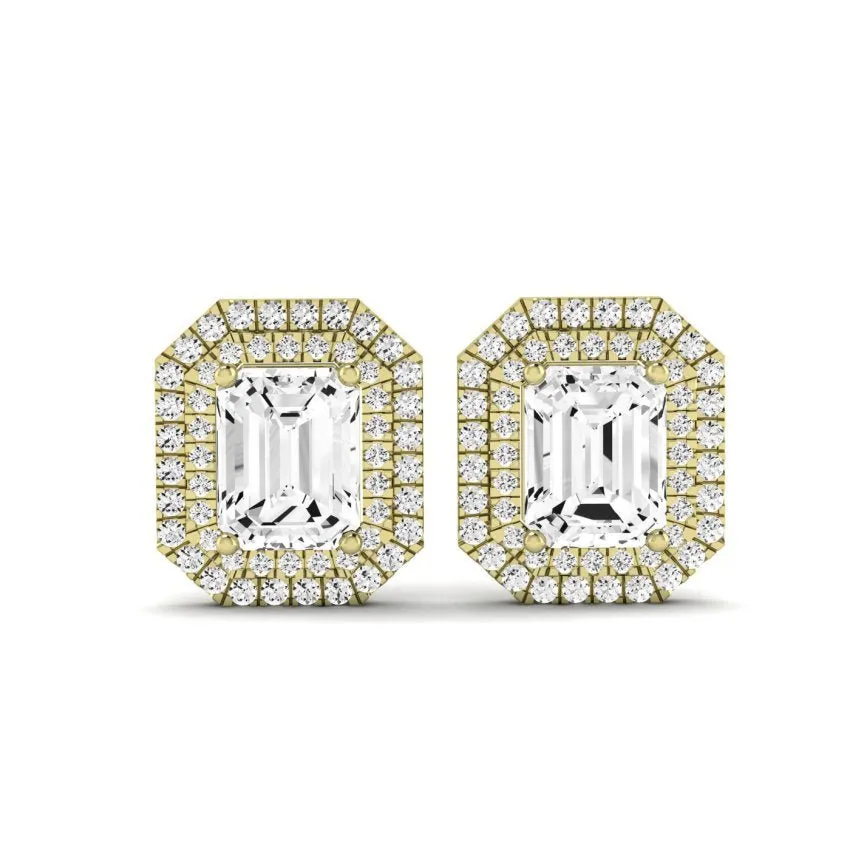 Cerise Emerald Cut Moissanite Halo Stud Earrings