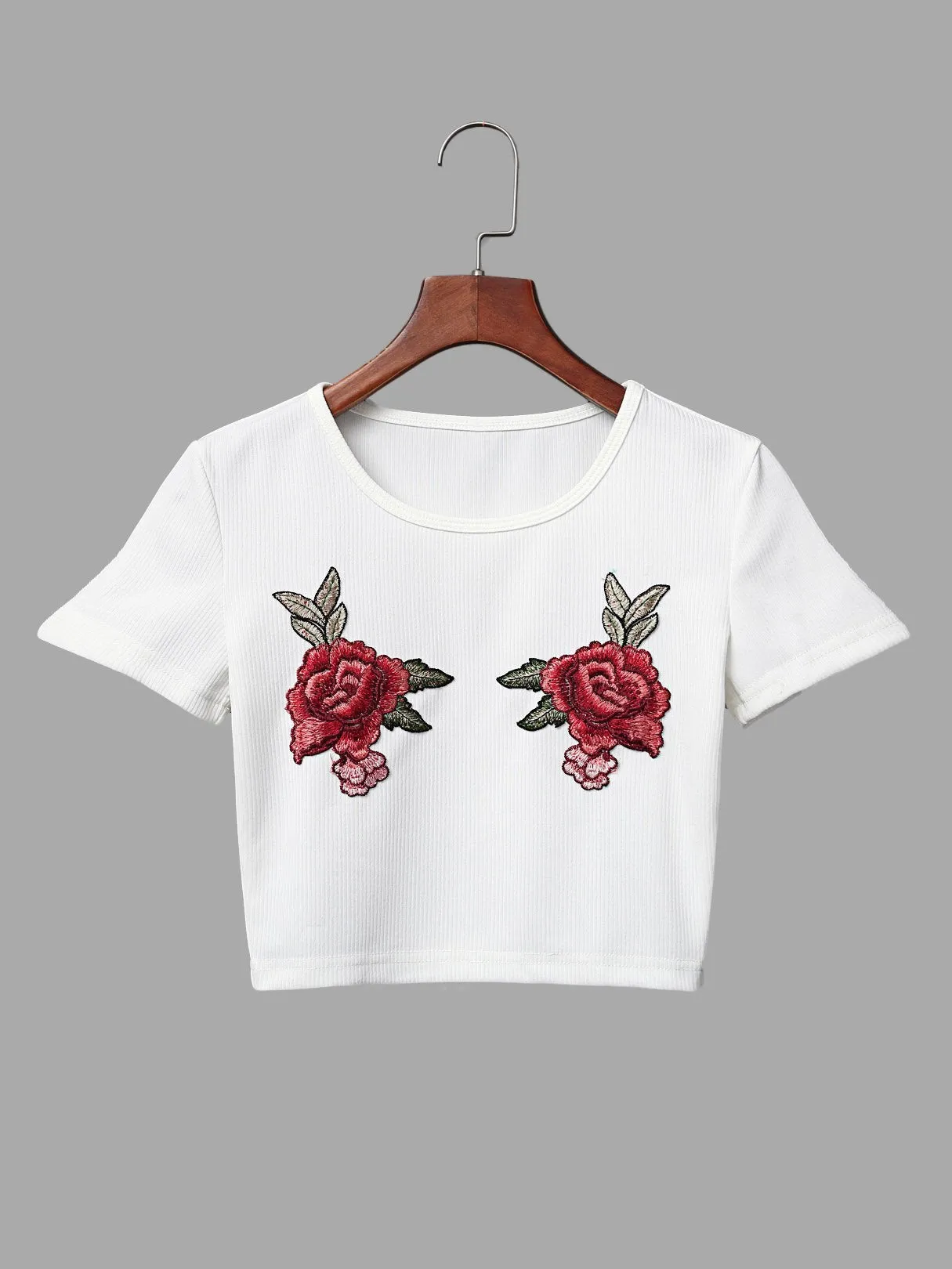 Custom Round Neck Embroidered Short Sleeve White Top