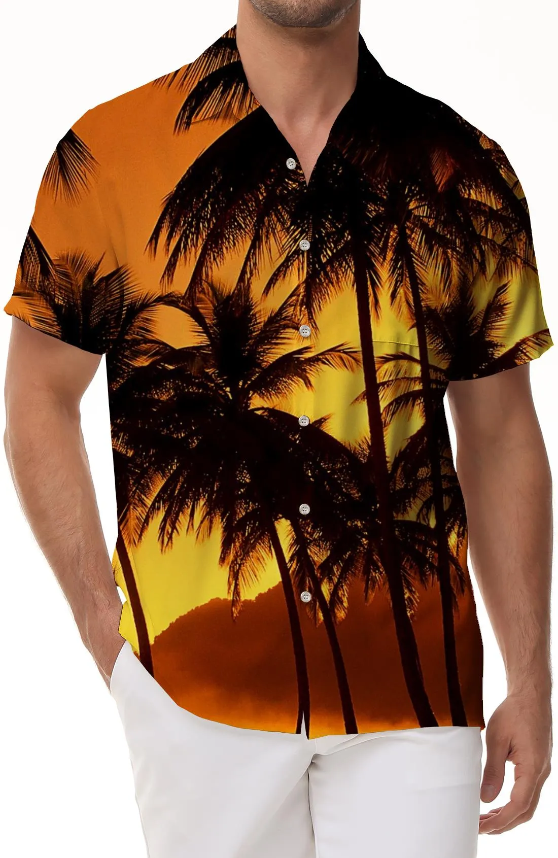 Dusk Coconut Tree Men's Casual Hawaiian Shirt Beach Vacation Tropical Shirt Short Sleeve Button Summer Clothes