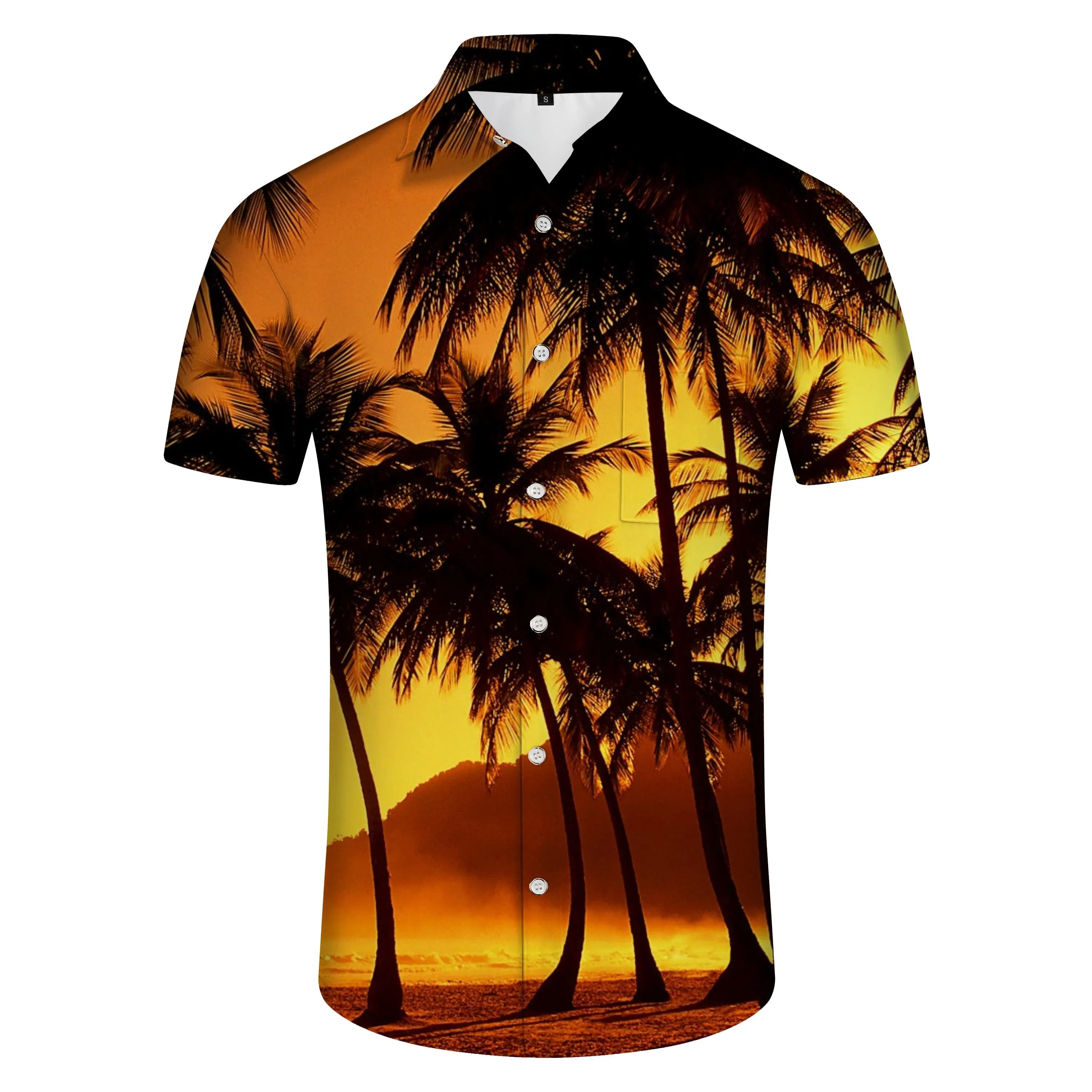 Dusk Coconut Tree Men's Casual Hawaiian Shirt Beach Vacation Tropical Shirt Short Sleeve Button Summer Clothes