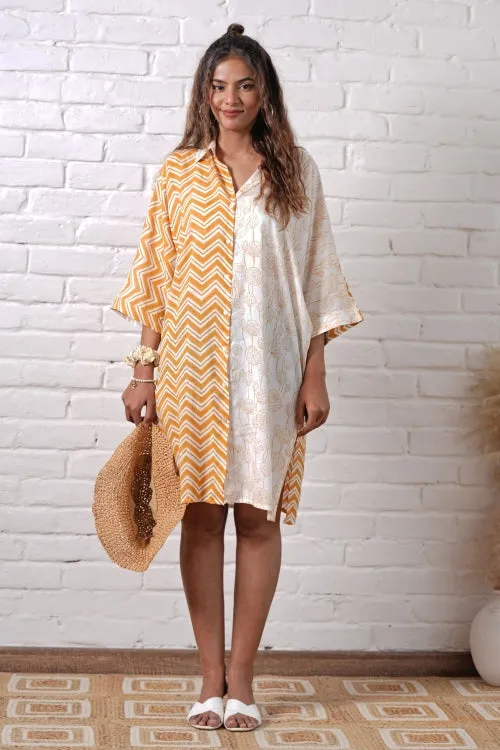 Jazzie Yellow Hand Block Printed Oversize Shirt