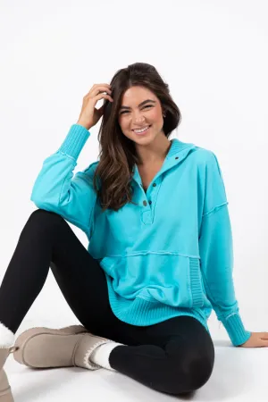 Just Go With It Blue Oversized Henley Pullover