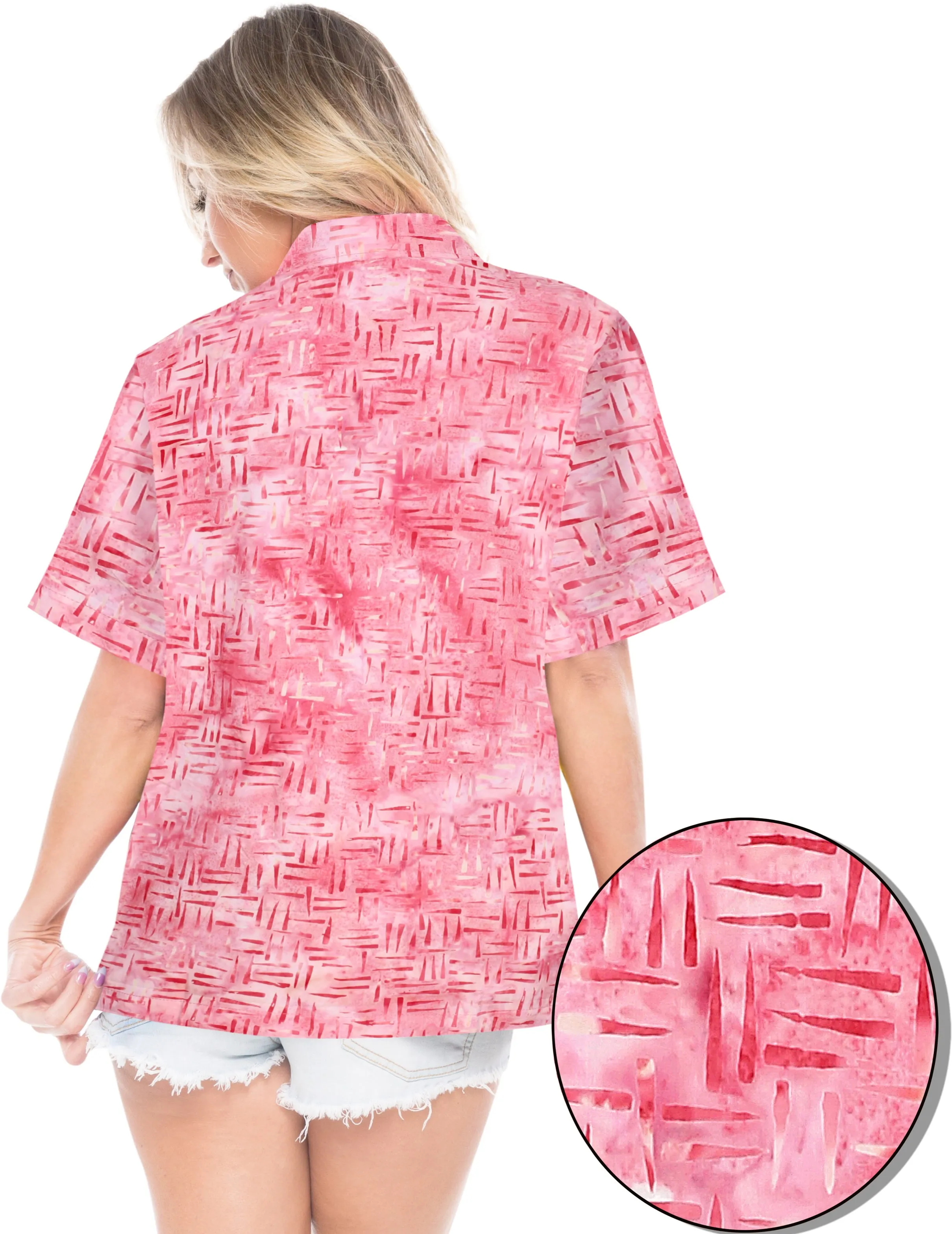 LA LEELA Women's Beach Button Down Short Sleeve Casual 100% cotton hand printed Blouse Pink