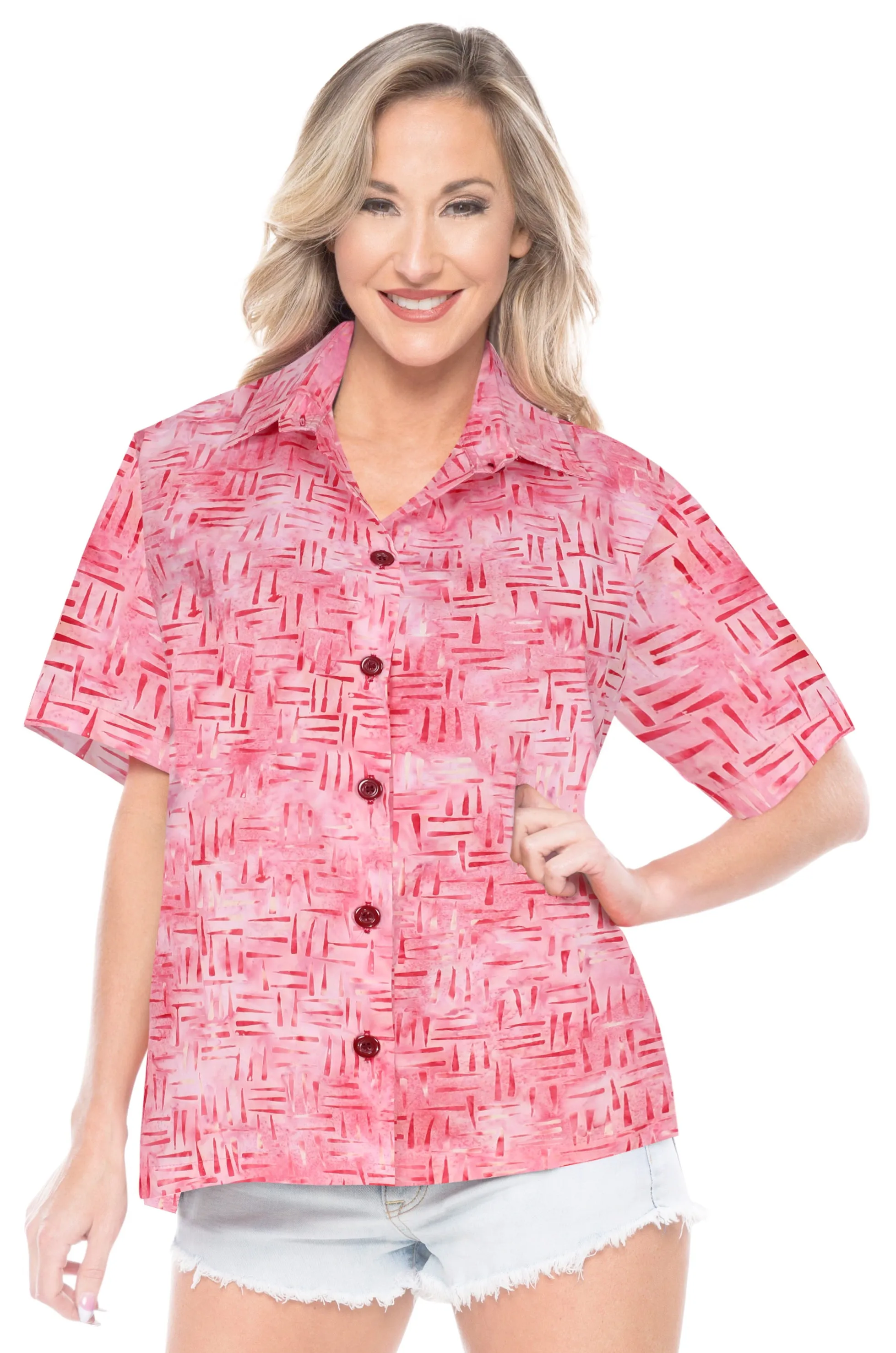 LA LEELA Women's Beach Button Down Short Sleeve Casual 100% cotton hand printed Blouse Pink