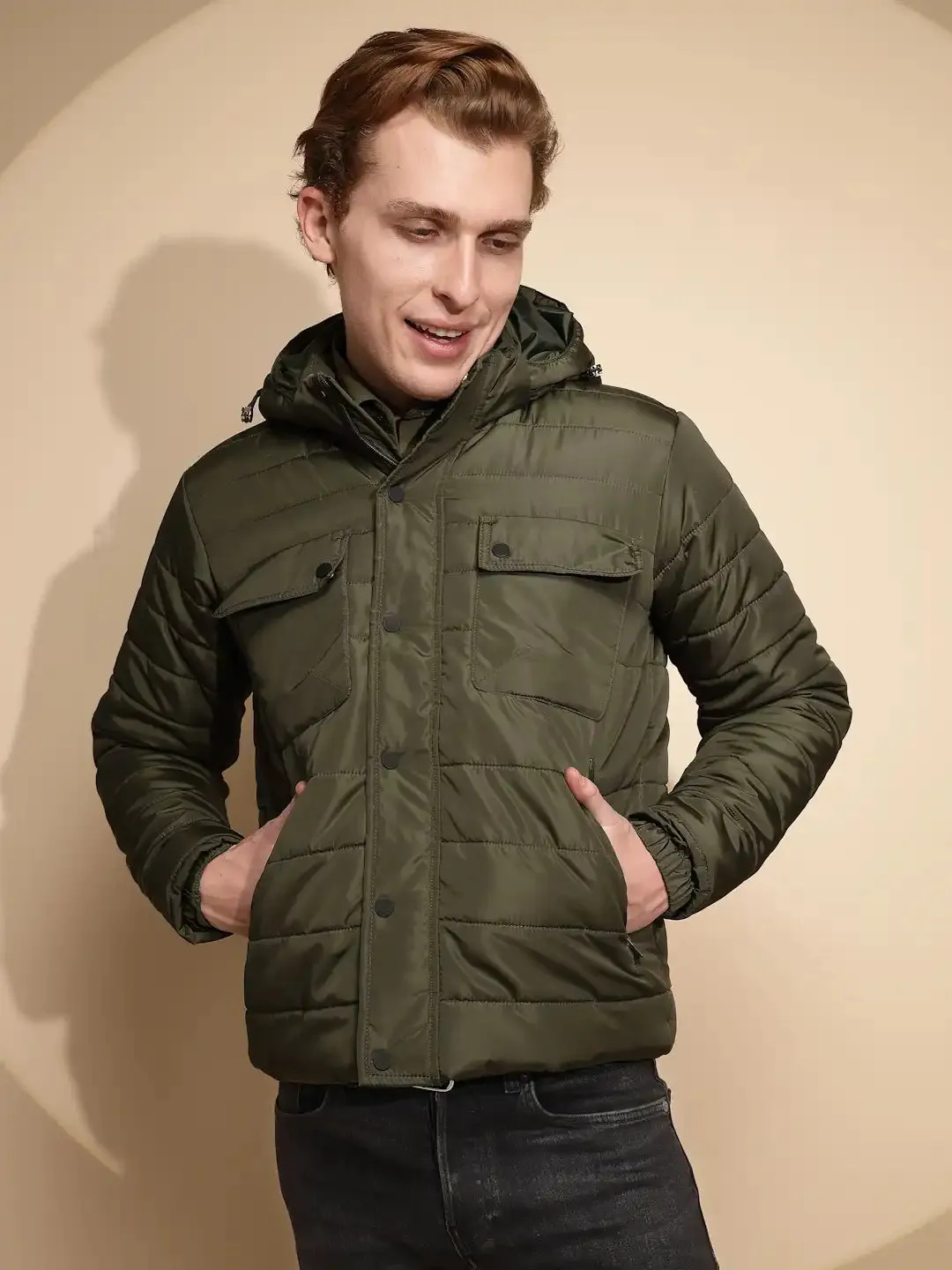 Men Olive Solid Full Sleeve Polycotton Hooded Puffer Jacket