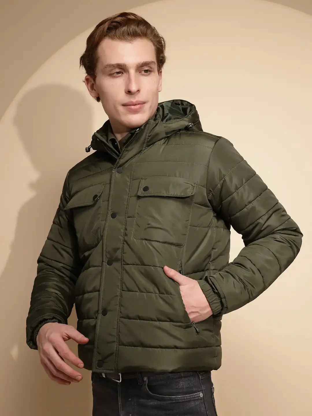 Men Olive Solid Full Sleeve Polycotton Hooded Puffer Jacket