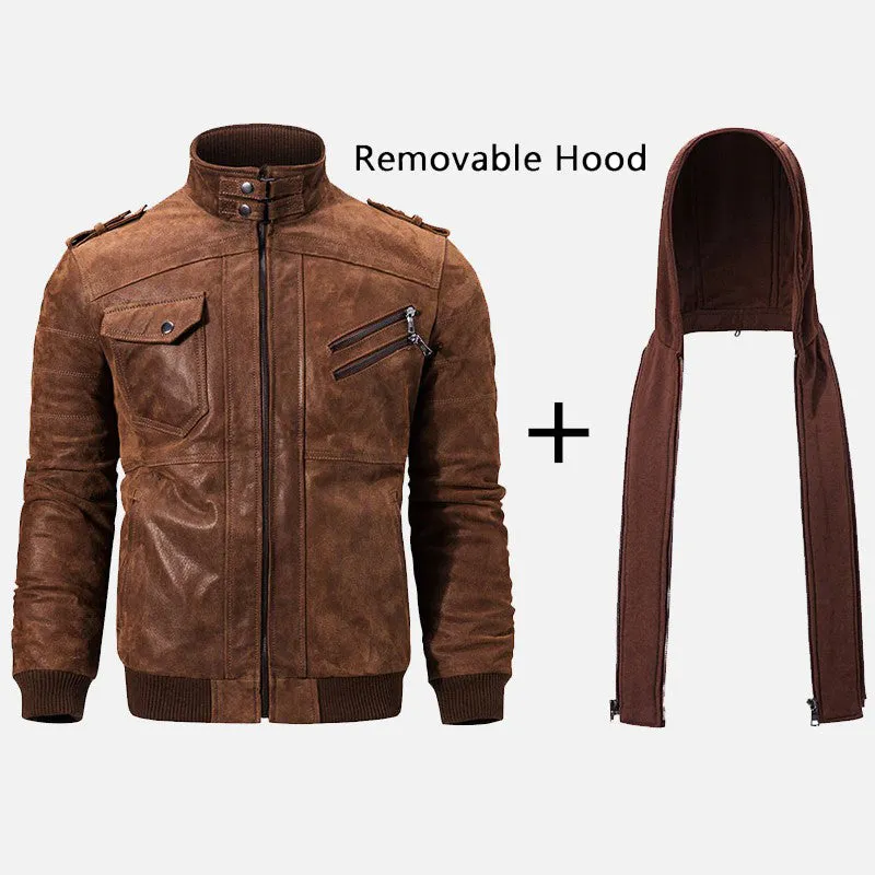 Men’s Brown Motorcycle Bomber Leather Jacket with Removable Hood