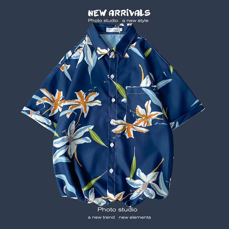 Men's Flower Short Sleeve Frontpocket Hawaiian Shirts