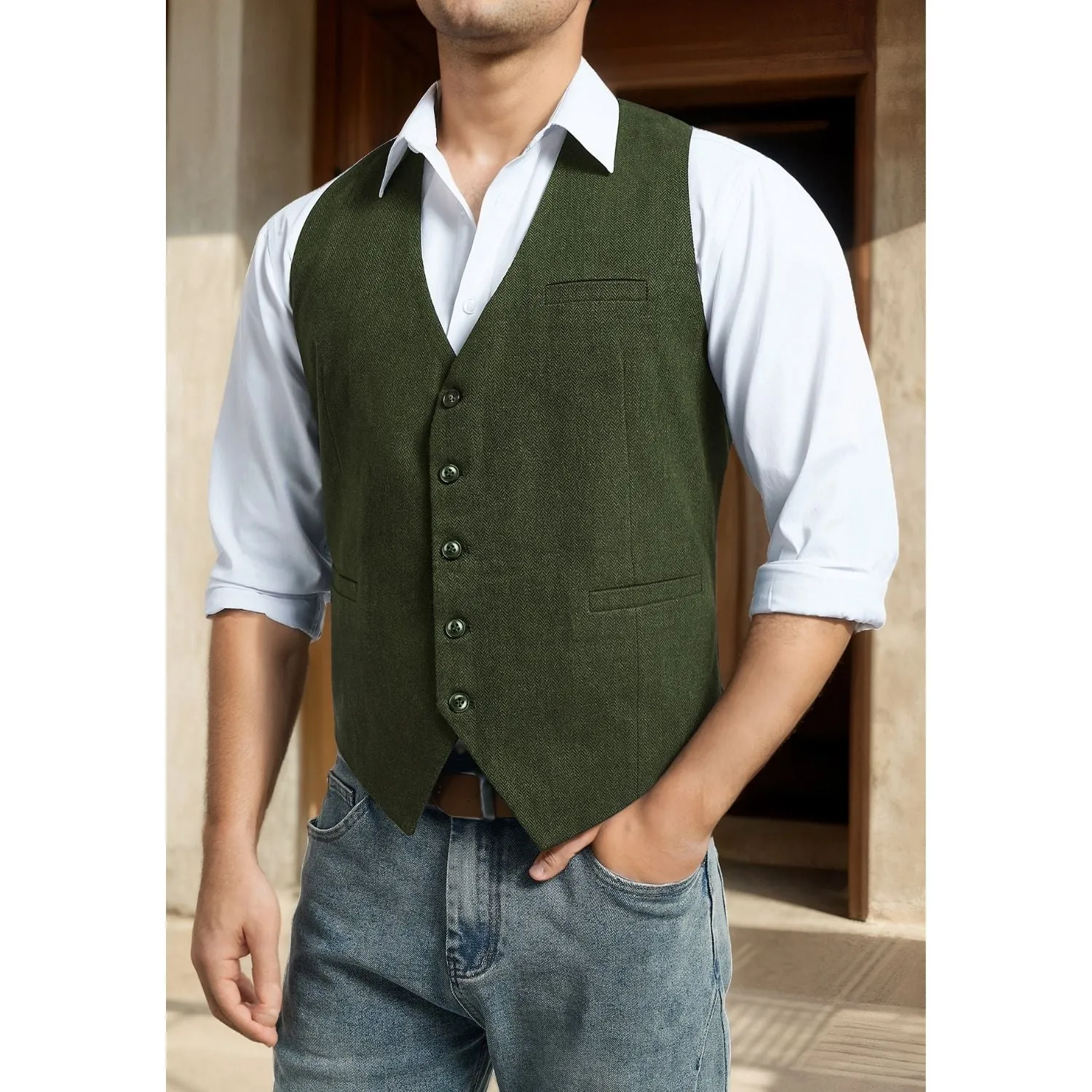 Men's Herringbone Tweed Vest - ARMY GREEN