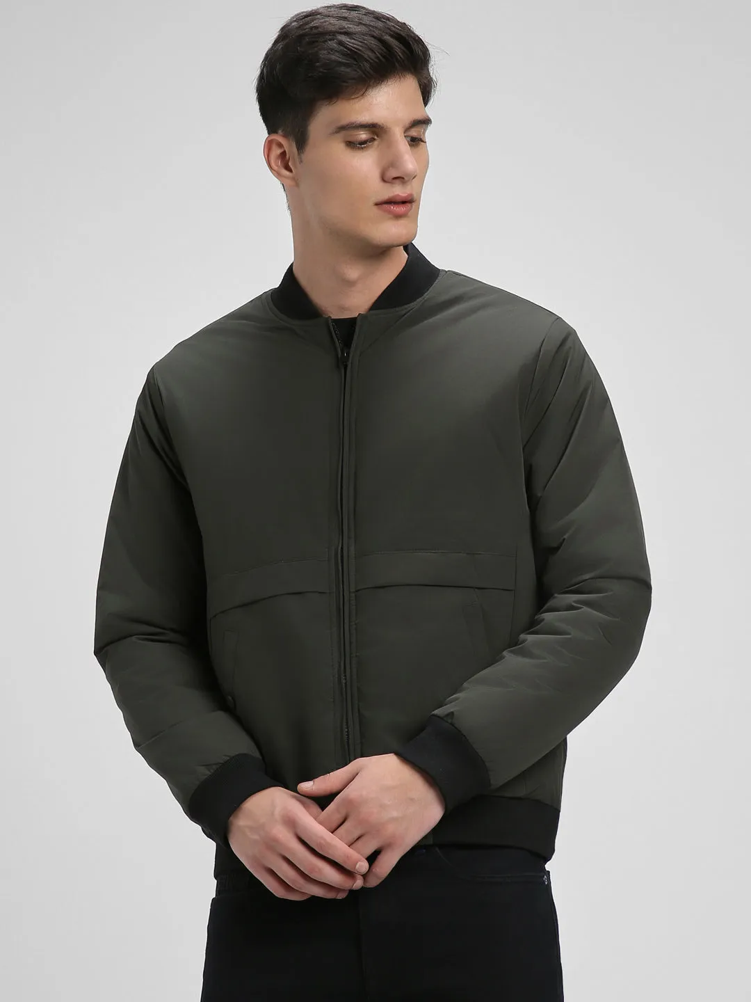 Men's Rib Neck Regular Fit Panelled Riffle Green Jackets