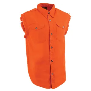 Milwaukee Leather DM1003 Men's Orange Lightweight Denim Shirt with Sleeveless Frayed Cut Off