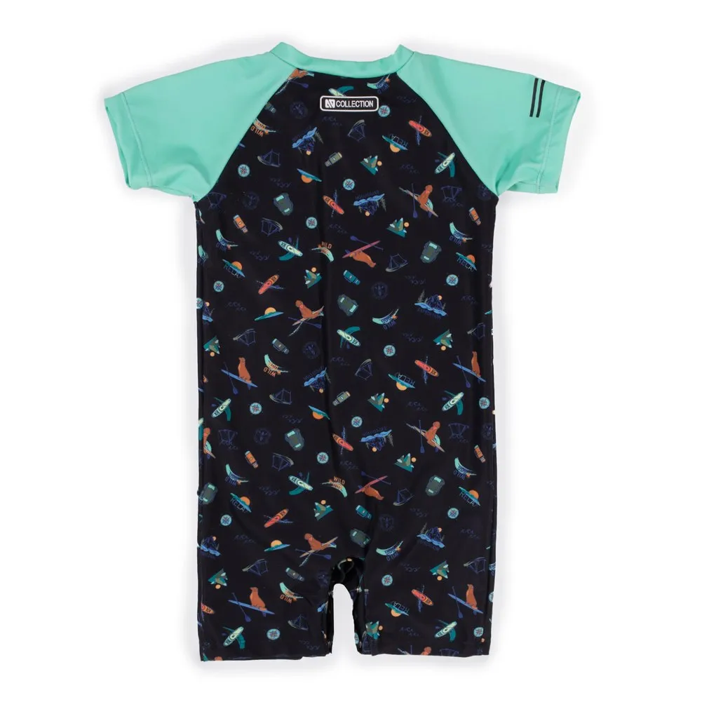 Nano One-Piece Rashguard Boys Short-Sleeve Swimsuit - Black/Teal (18-24 Months)