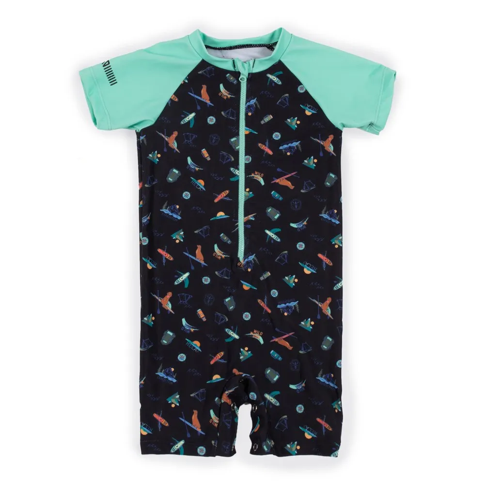 Nano One-Piece Rashguard Boys Short-Sleeve Swimsuit - Black/Teal (18-24 Months)