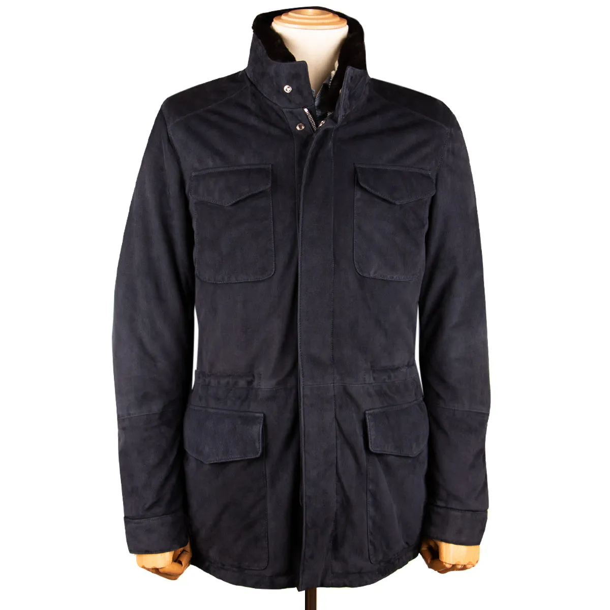 Navy Goat Suede Mid-length Field Jacket