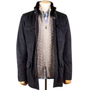 Navy Goat Suede Mid-length Field Jacket