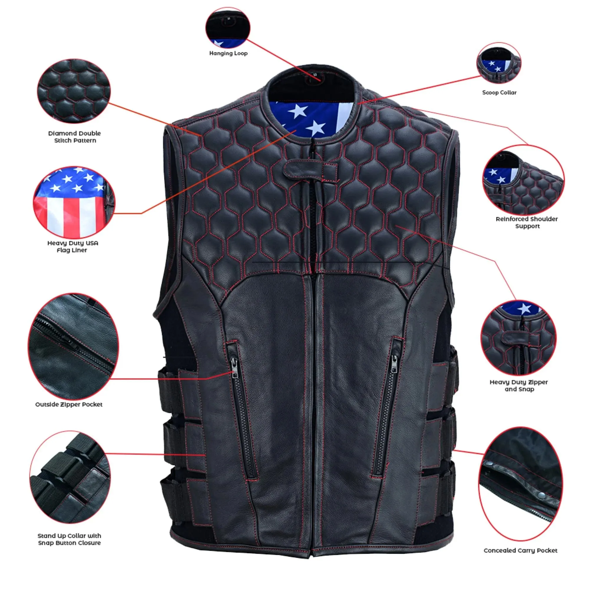 Patriot Wheels Bullet Proof Style Leather Motorcycle Biker Vest w/ USA Flas & Red trim