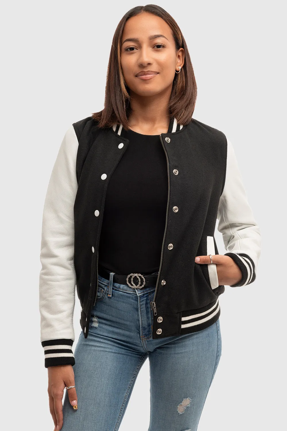 Sarah - Women's Varsity Jacket - White Leather Sleeves