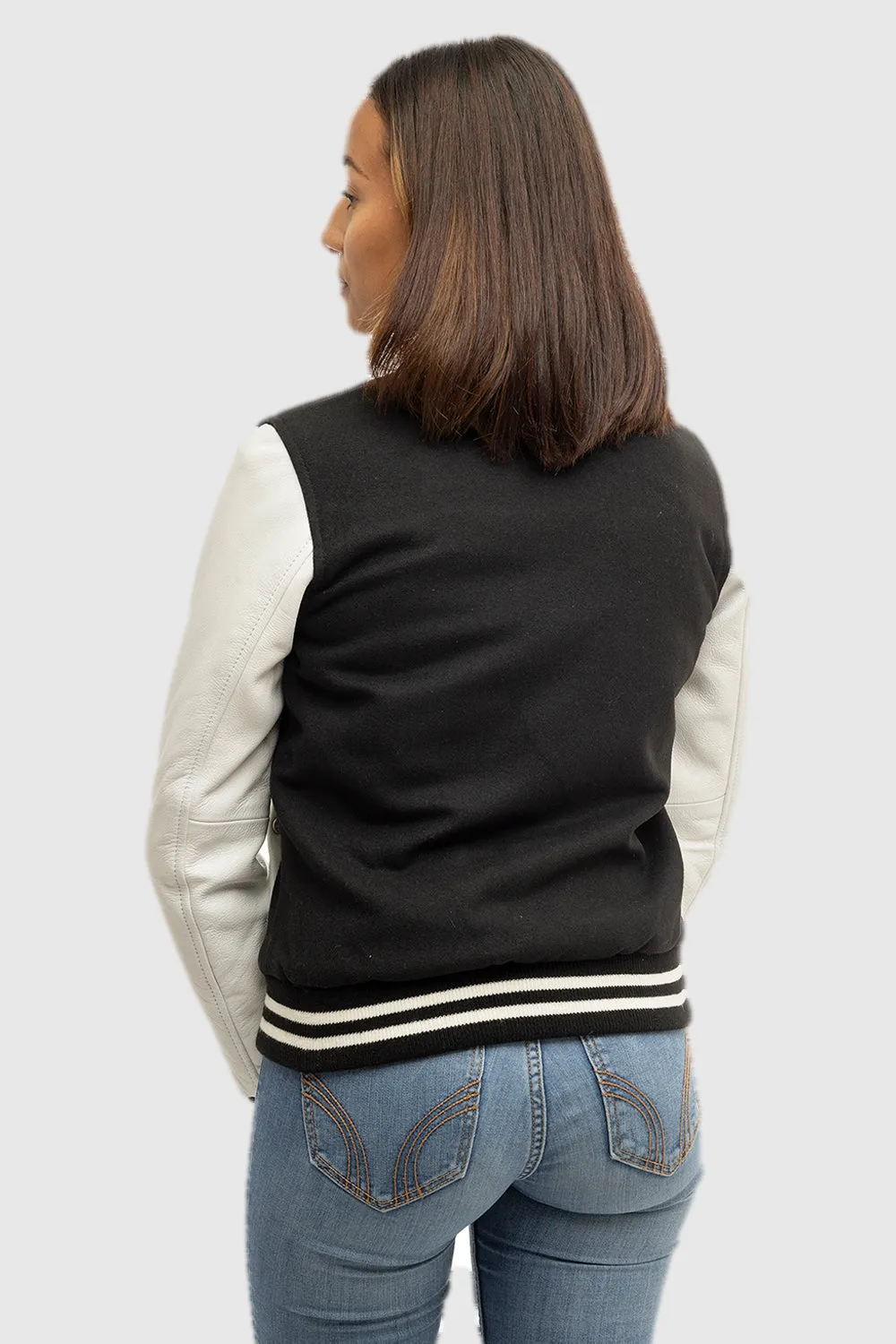 Sarah - Women's Varsity Jacket - White Leather Sleeves