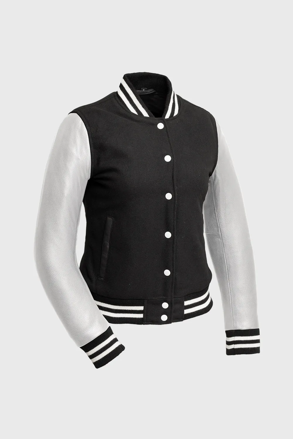 Sarah - Women's Varsity Jacket - White Leather Sleeves