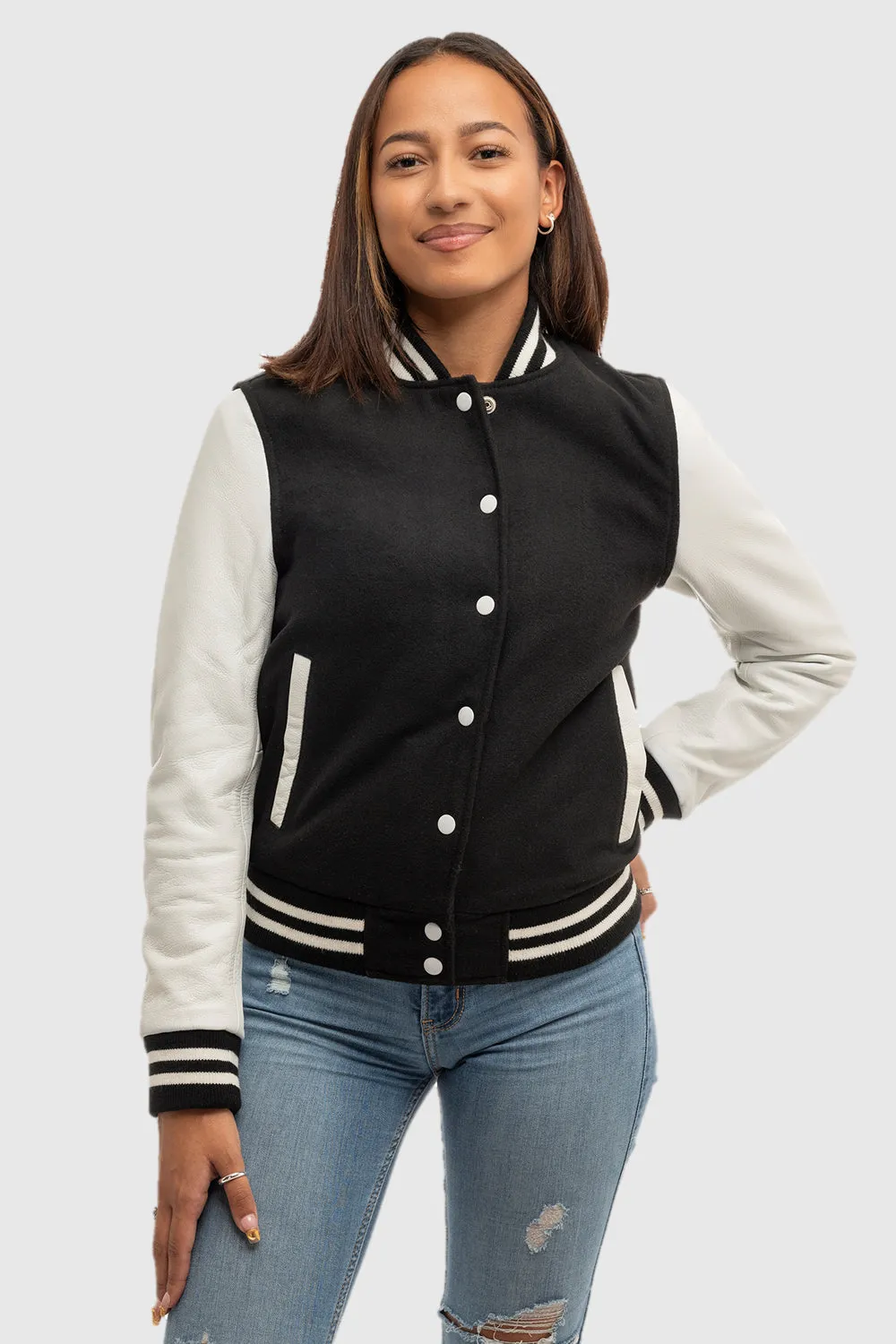 Sarah - Women's Varsity Jacket - White Leather Sleeves