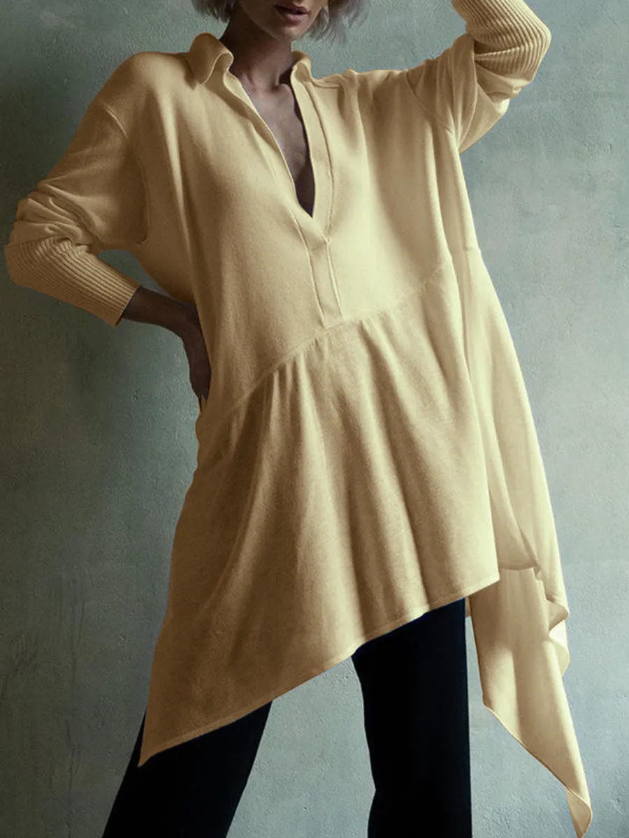 Simple Casual Loose Long Sleeve V Neck Top