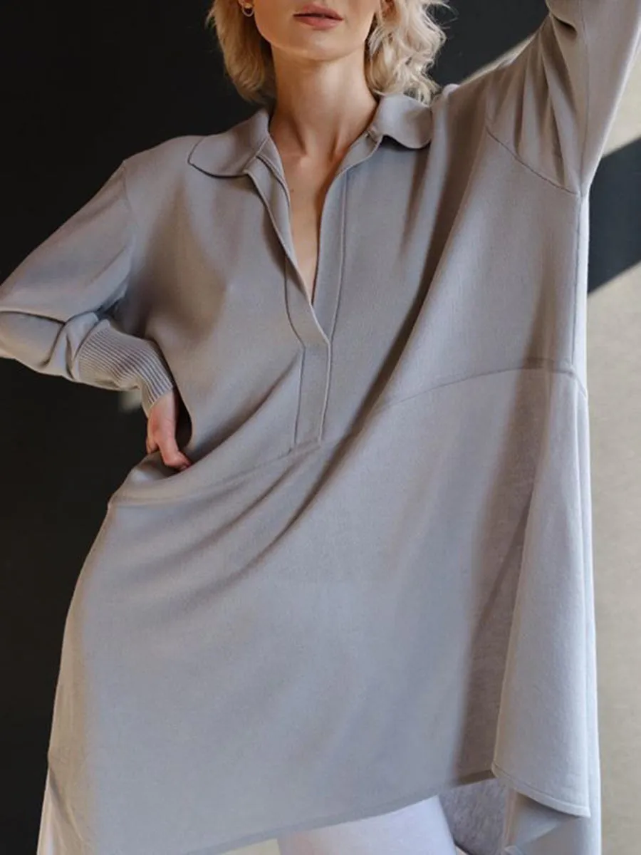 Simple Casual Loose Long Sleeve V Neck Top