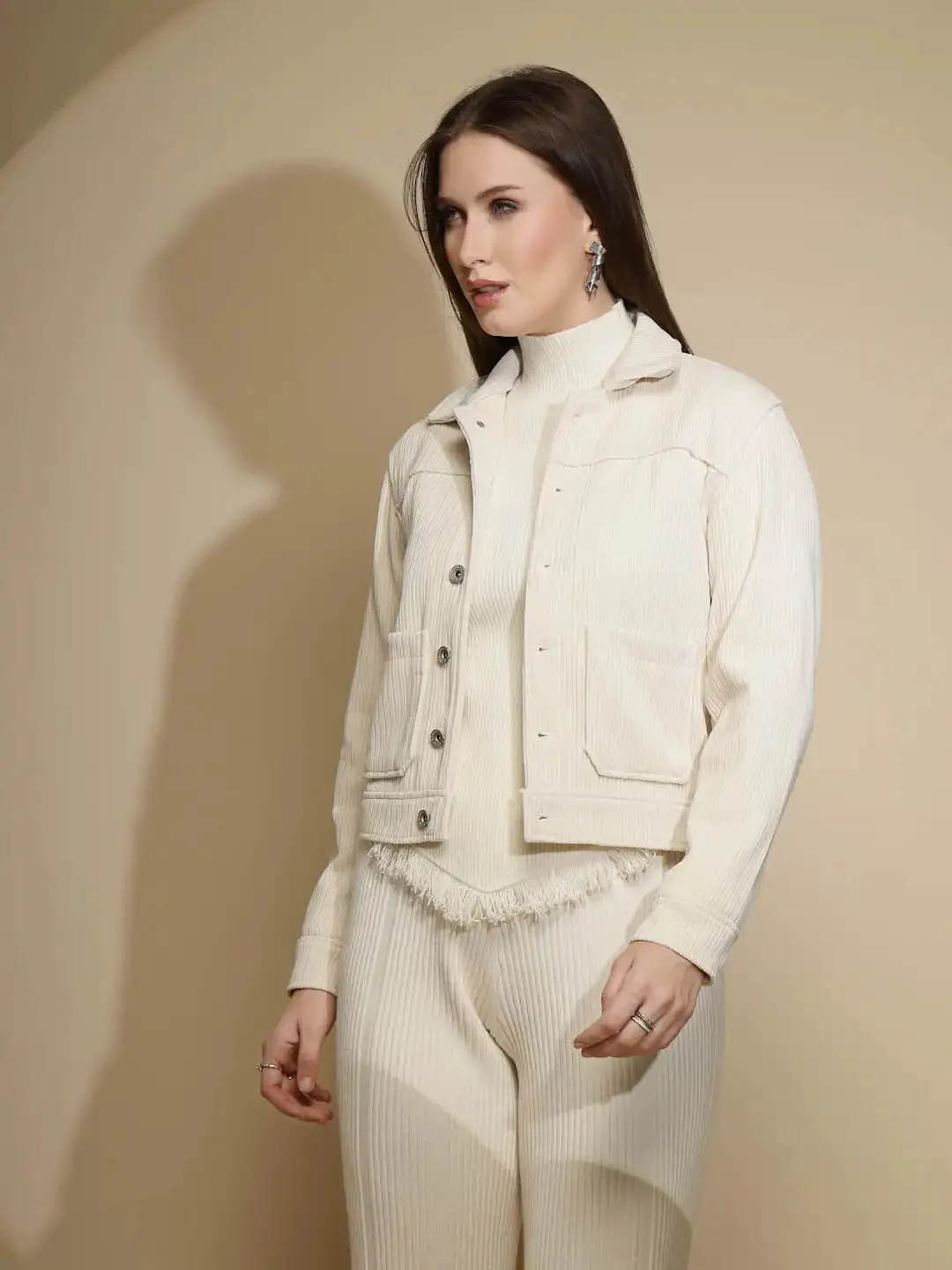 Solid Beige Full Sleeve Collar Neck Suede Regular Jacket