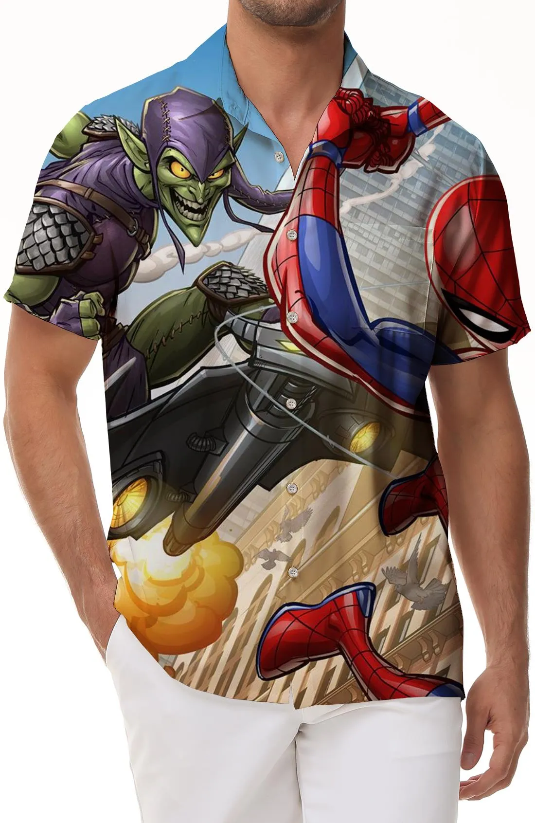 Spiderman's War 3D Digital Printing Men's Casual Short Sleeve Loose Shirt Top Button Pocket Lapel Hawaiian Cartoon