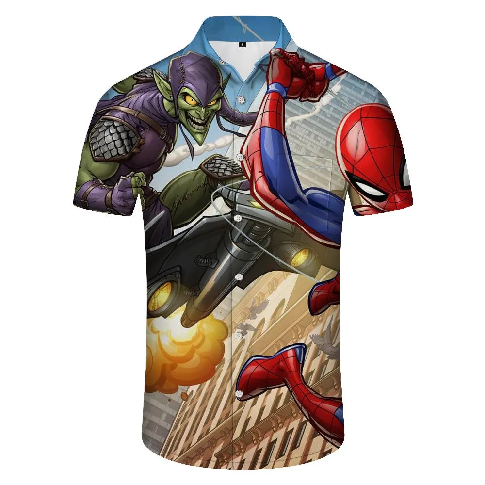 Spiderman's War 3D Digital Printing Men's Casual Short Sleeve Loose Shirt Top Button Pocket Lapel Hawaiian Cartoon