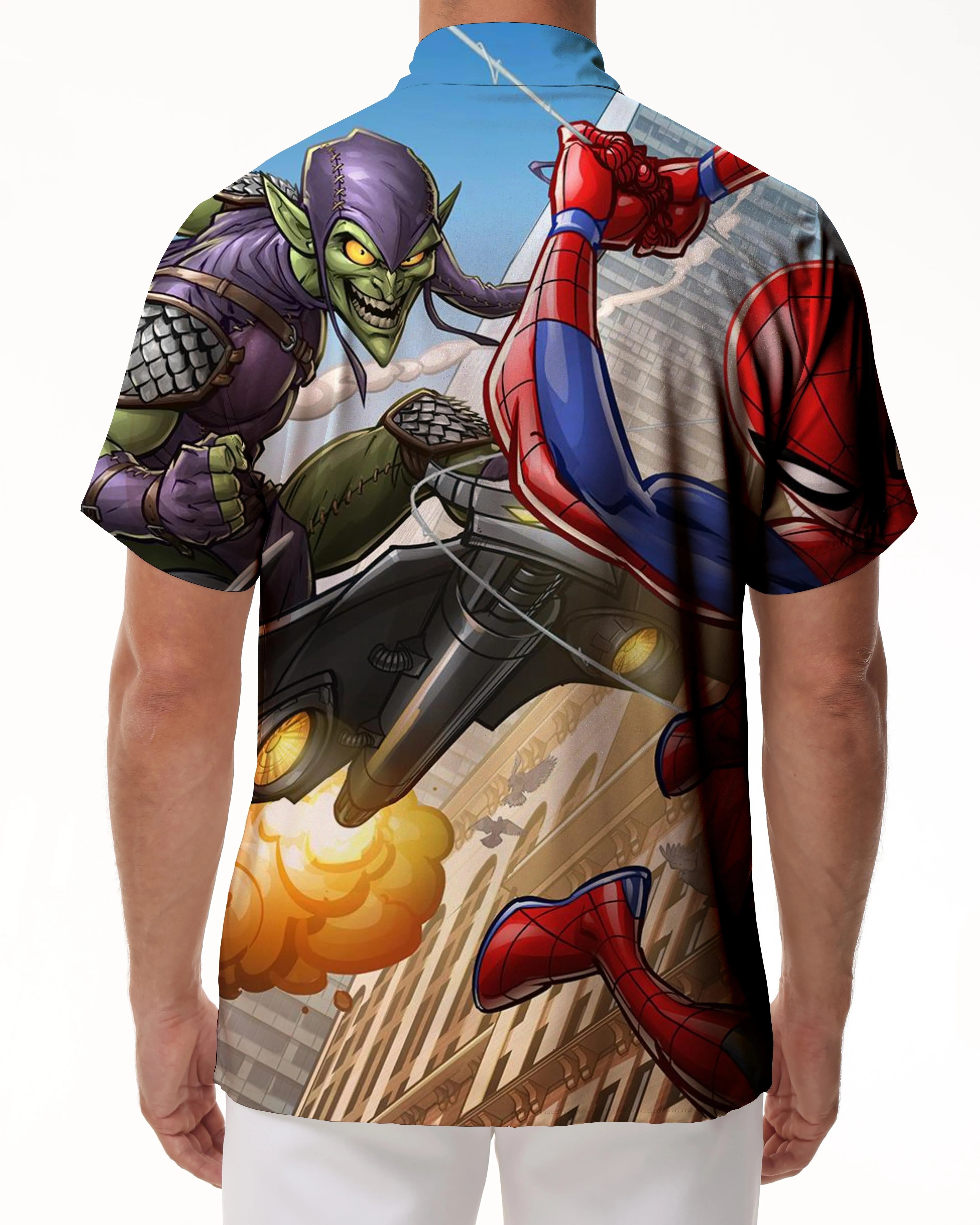 Spiderman's War 3D Digital Printing Men's Casual Short Sleeve Loose Shirt Top Button Pocket Lapel Hawaiian Cartoon