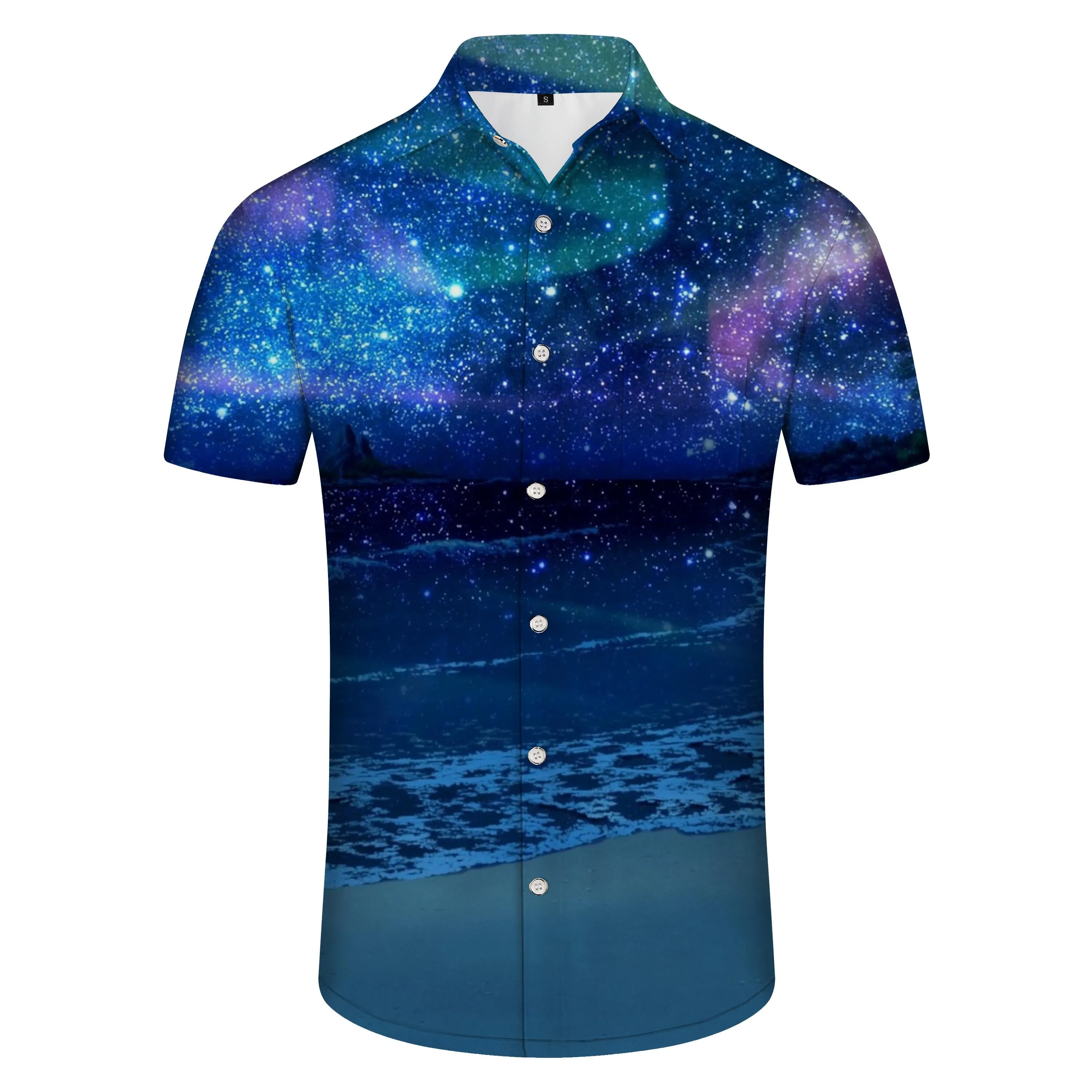 Star Sea 3d Printed Pattern Four Seasons Men's Casual Shirt Short Sleeve Tropical Hawaii Men's Button Beach Vacation Dark Blue