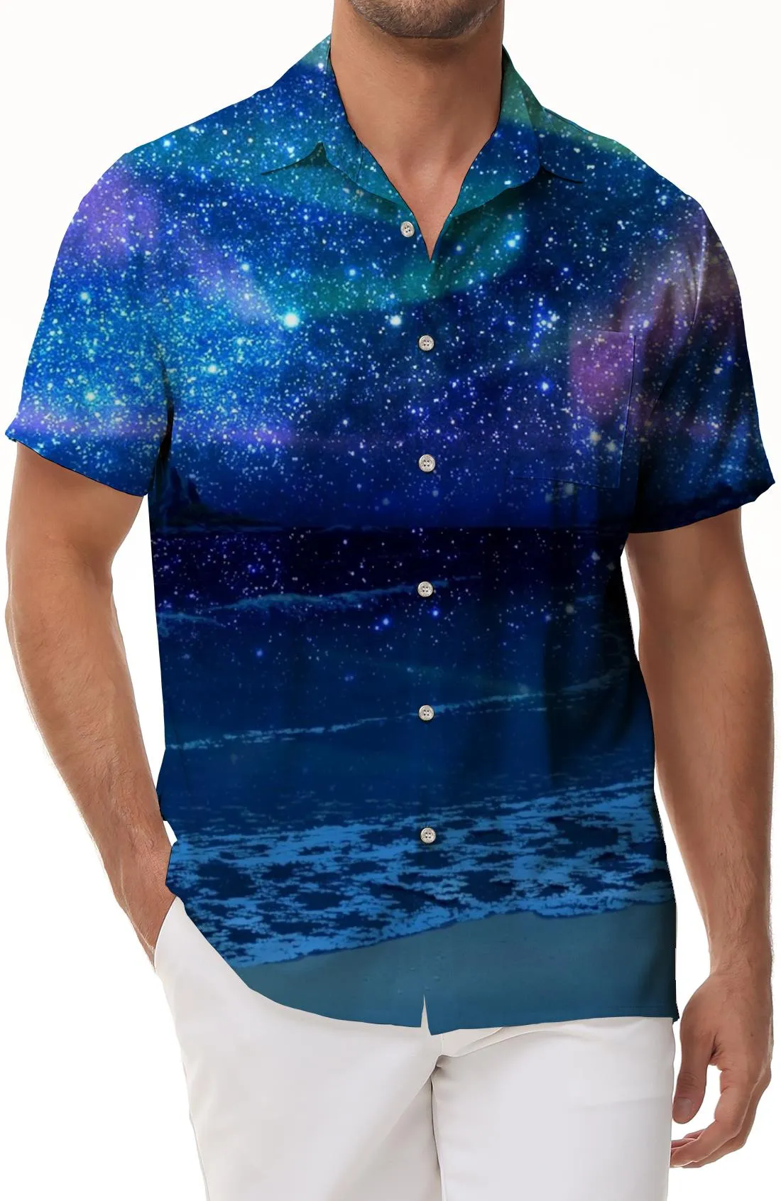 Star Sea 3d Printed Pattern Four Seasons Men's Casual Shirt Short Sleeve Tropical Hawaii Men's Button Beach Vacation Dark Blue