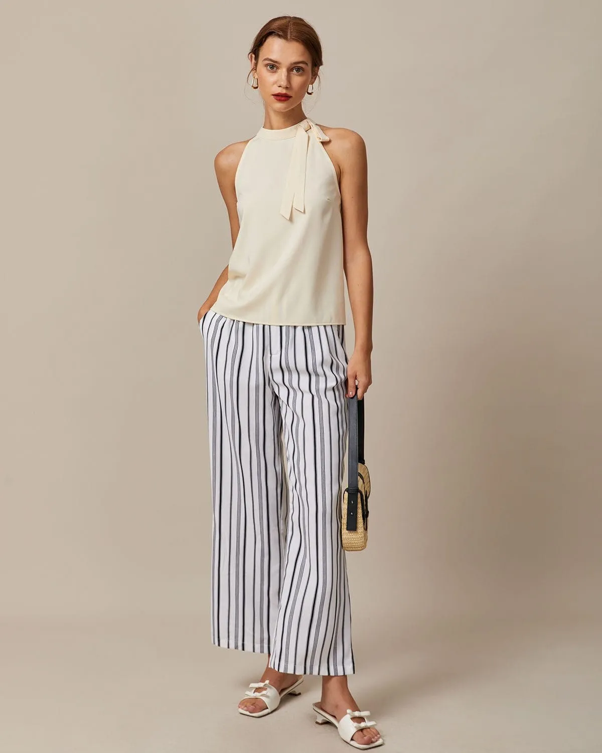 The Black Elastic Waist Striped Button Pants