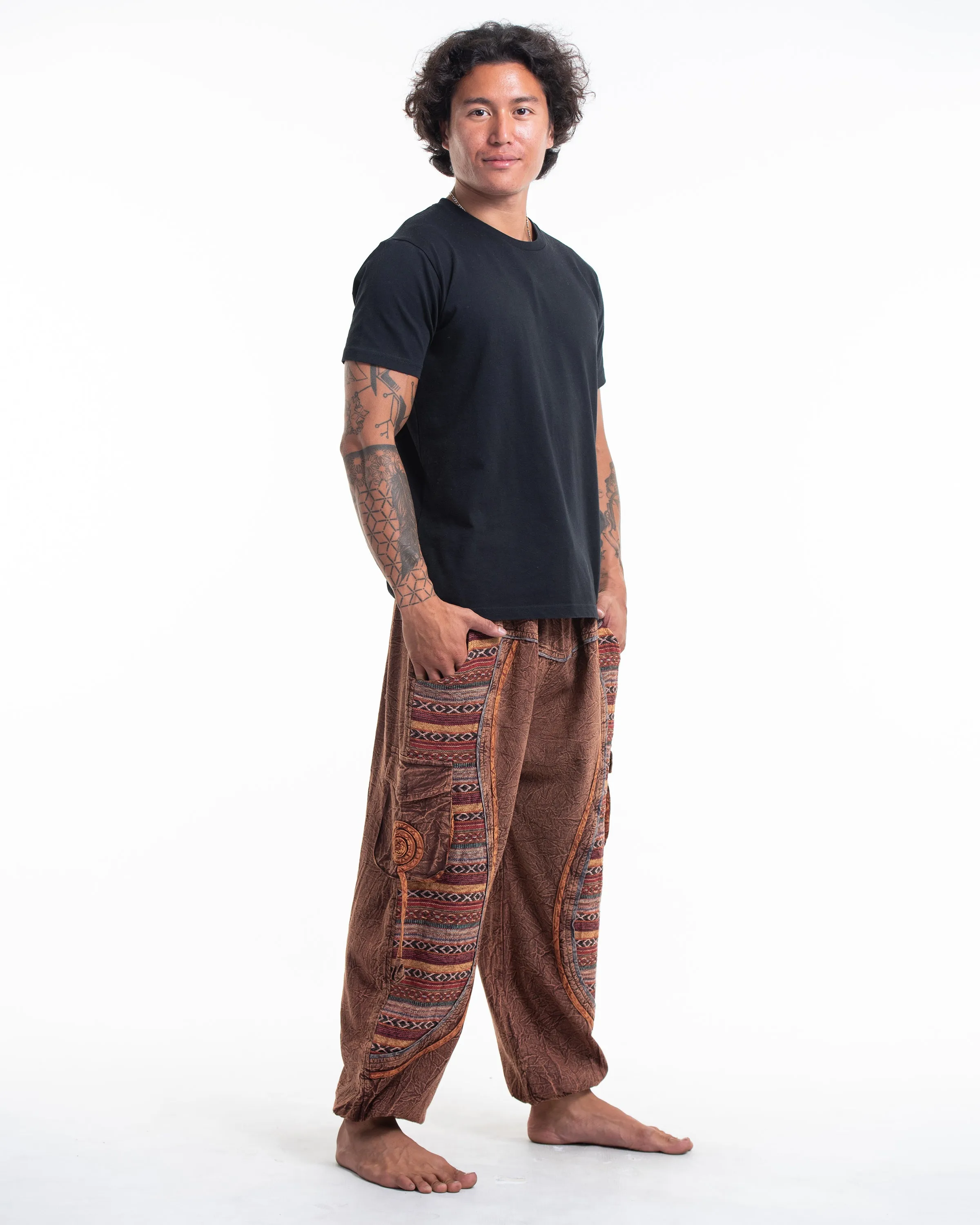 Unisex Patchwork Stone Washed Cargo Cotton Pants in Brown 07