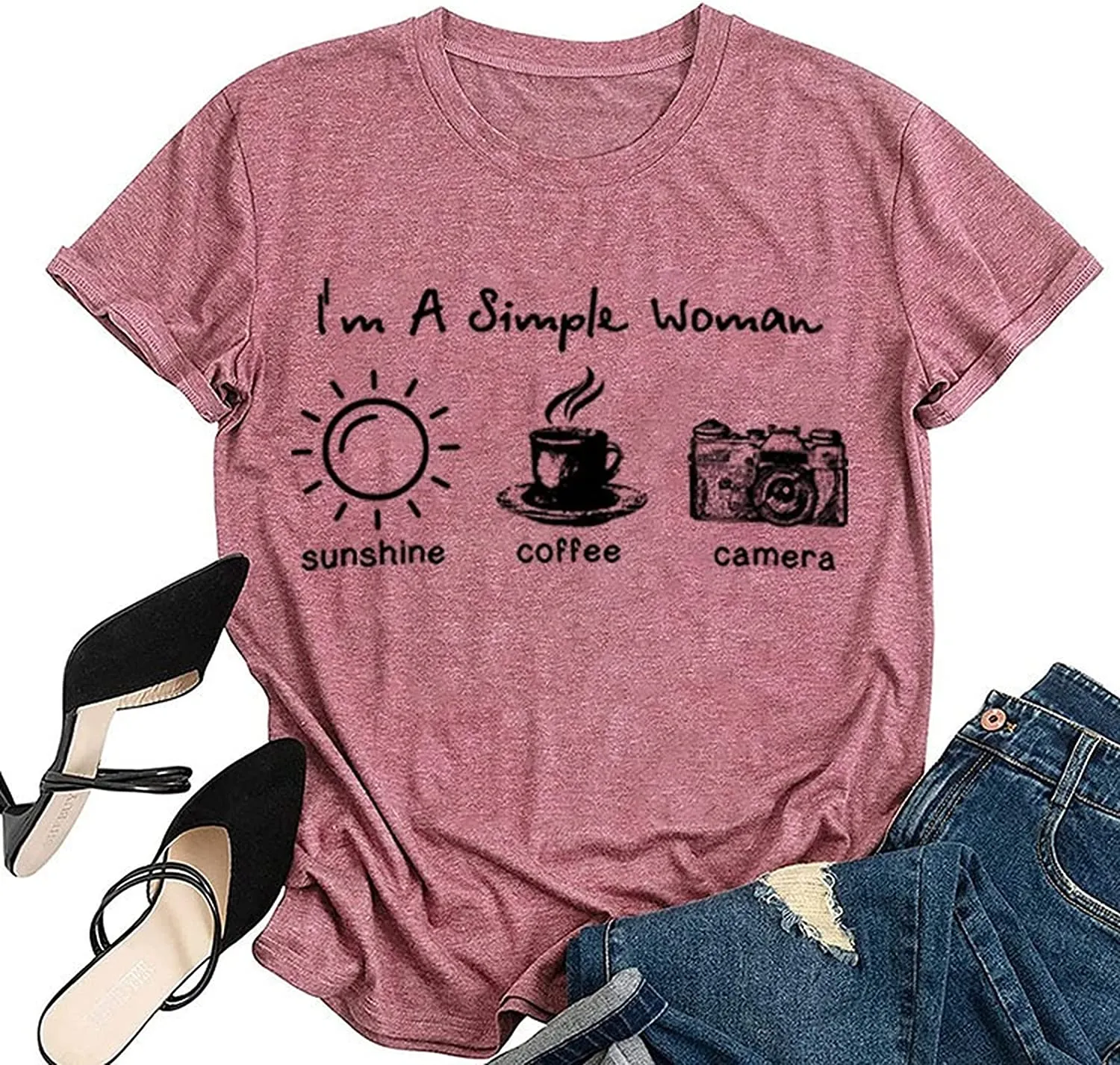 Women I'm A Simple Woman Sunshine Coffee Camera T Shirt