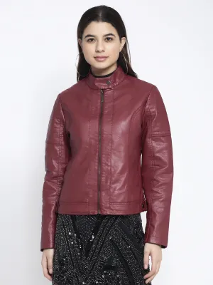 Women Maroon Turtle Neck Solid Jacket