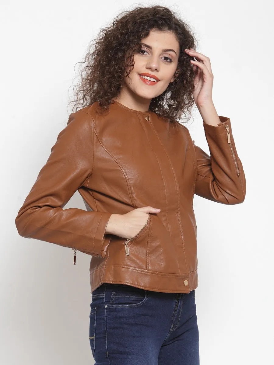 Women Solid Tan Round Neck Jacket