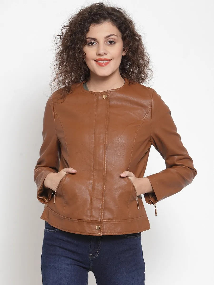 Women Solid Tan Round Neck Jacket