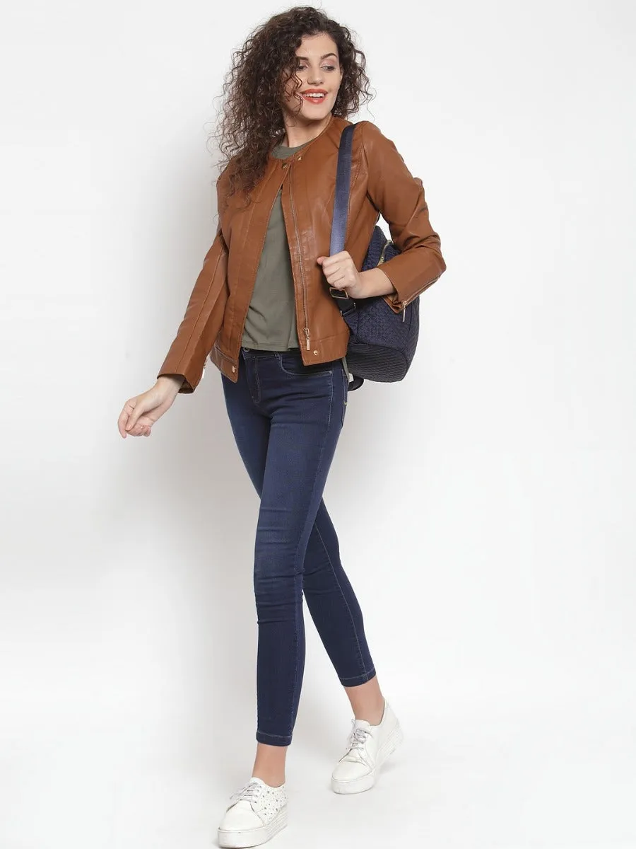 Women Solid Tan Round Neck Jacket