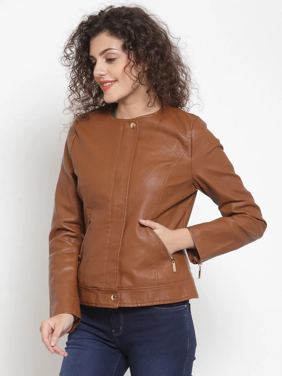 Women Solid Tan Round Neck Jacket