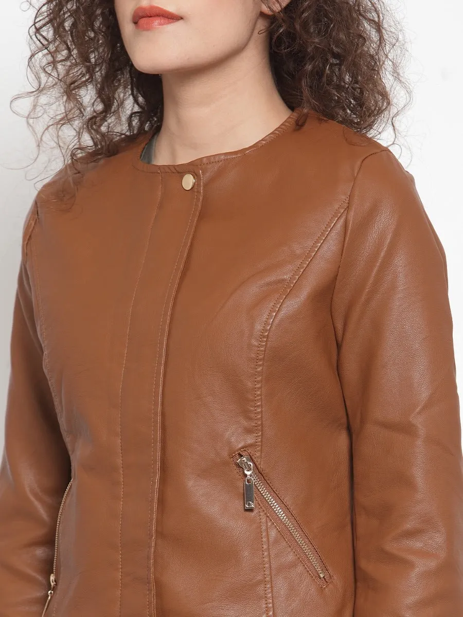 Women Solid Tan Round Neck Jacket